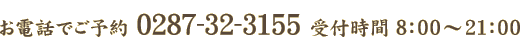 お電話でご予約 0287-32-3155 受付時間8:00~21:00